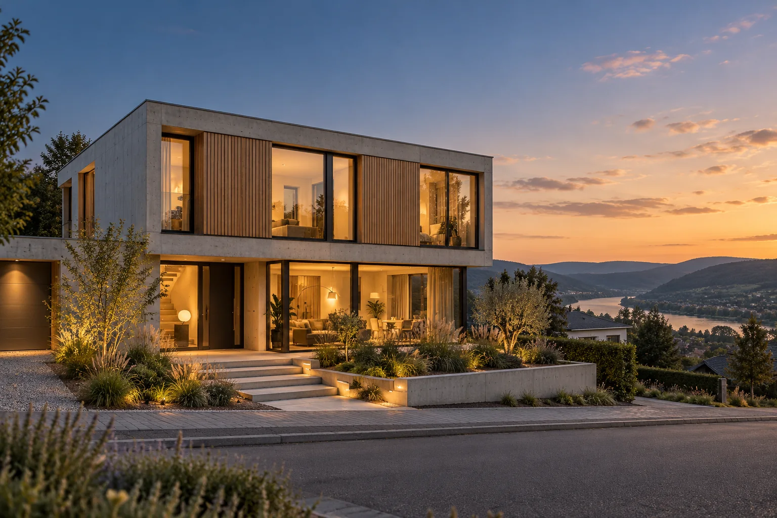 Modernes Wohnhaus aus Sichtbeton und Holz über dem Rheintal in der Abenddämmerung