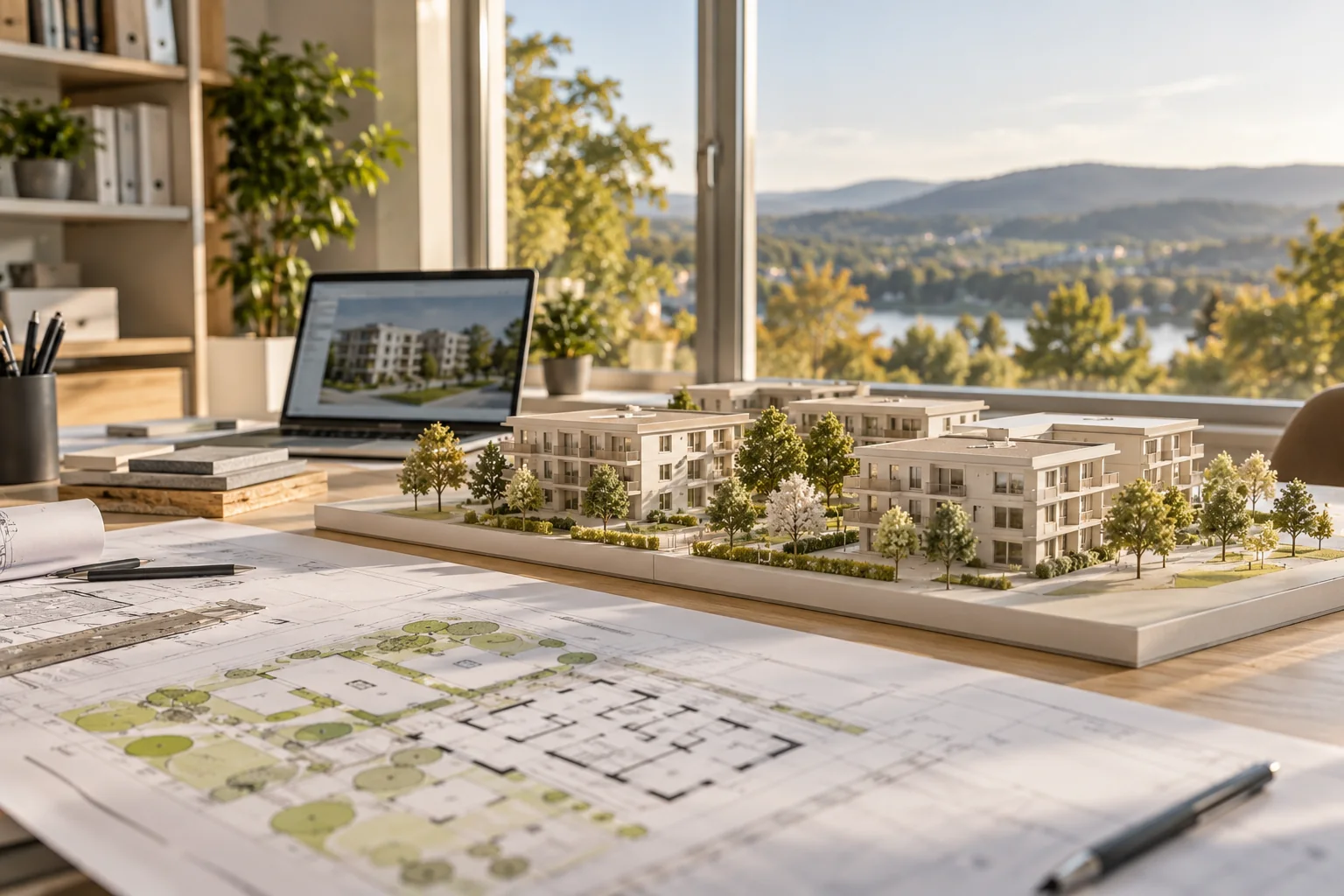 Architekturmodell und Pläne auf dem Schreibtisch