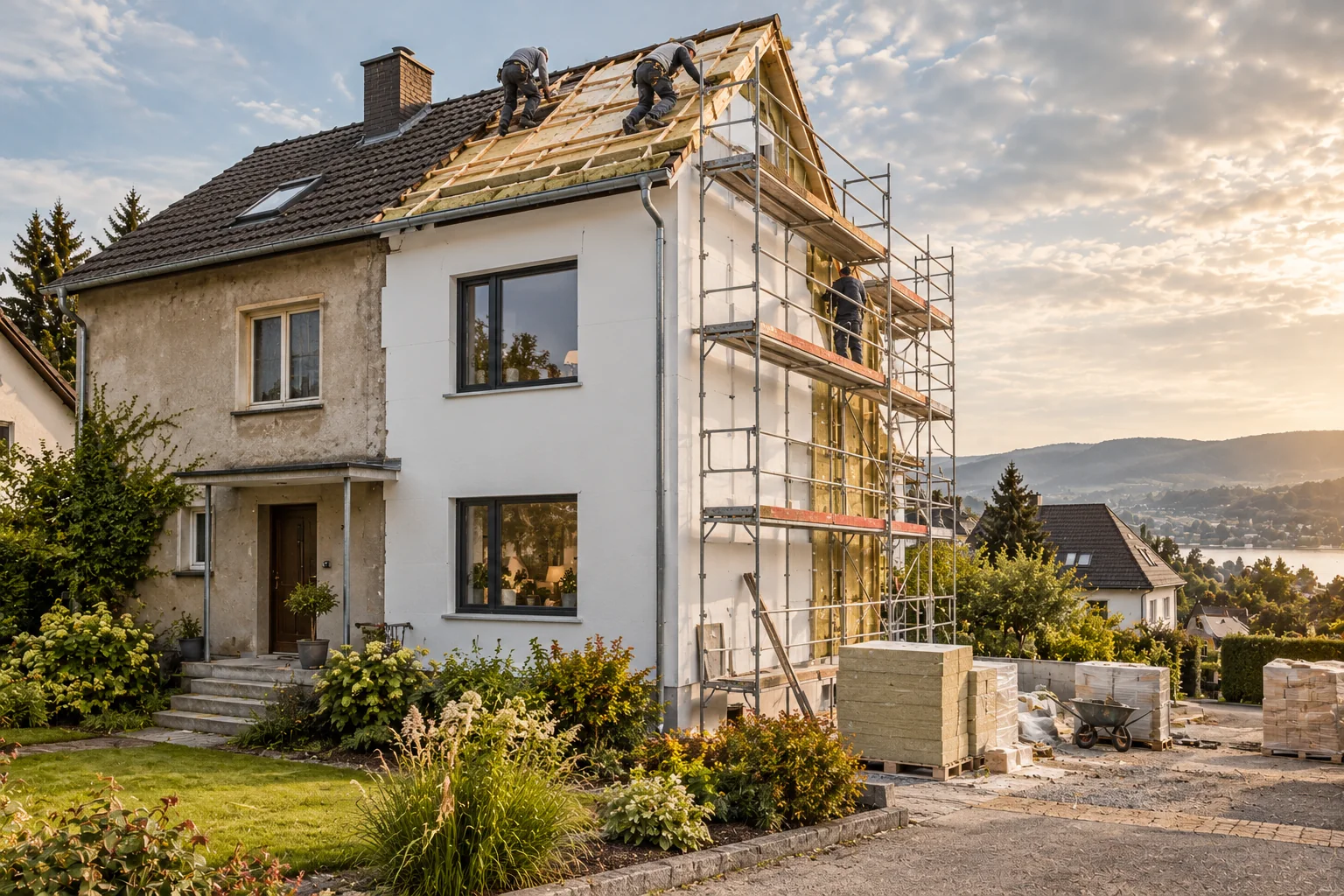 Einfamilienhaus während der Sanierung mit Gerüst und neuer Dämmung
